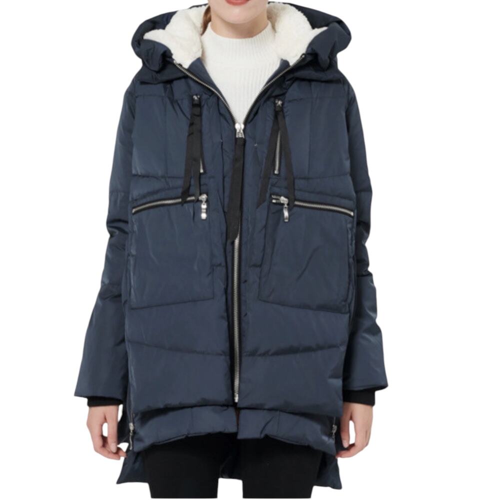 Orolay Thickened Down Long Jacket Hooded Puffer Coat Navy XL Extended Zip Sides